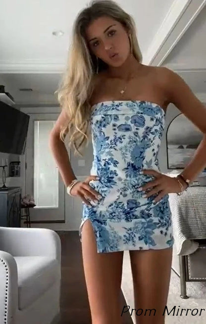 Cute Bodycon Strapless Floral Print Homecoming Dress with Split