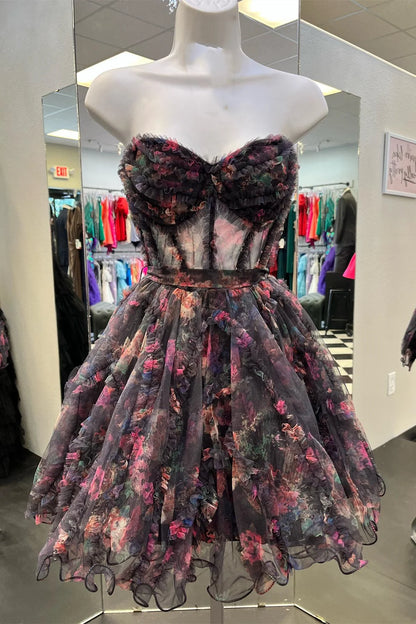 PM523,Floral Print Ruffles A-Line Short Homecoming Dress, Short Prom Dress