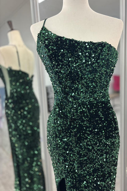 One Shoulder Purple Sequin Mermaid Long Prom Dress