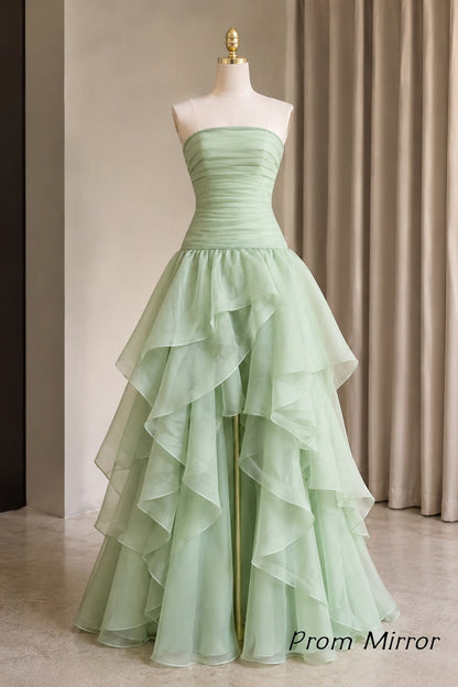 Pastel Green Strapless High Low Ruffle Prom Dress With Layered Organza Skirt