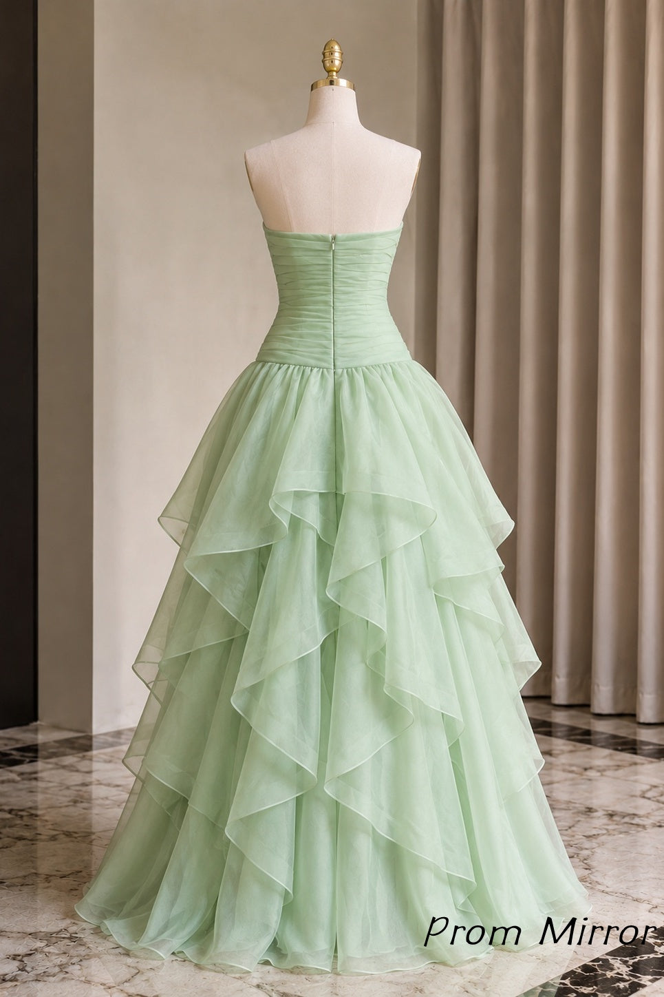 Pastel Green Strapless High Low Ruffle Prom Dress With Layered Organza Skirt