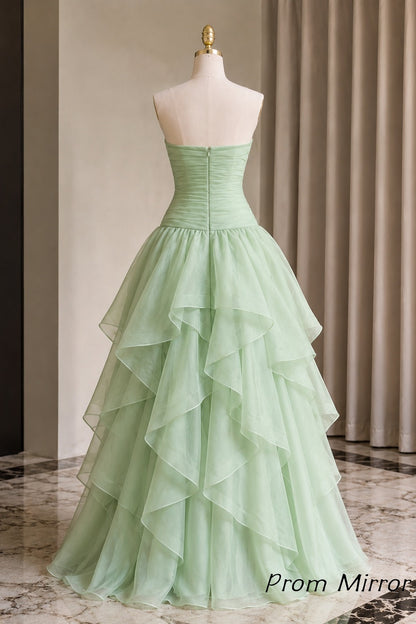 Pastel Green Strapless High Low Ruffle Prom Dress With Layered Organza Skirt