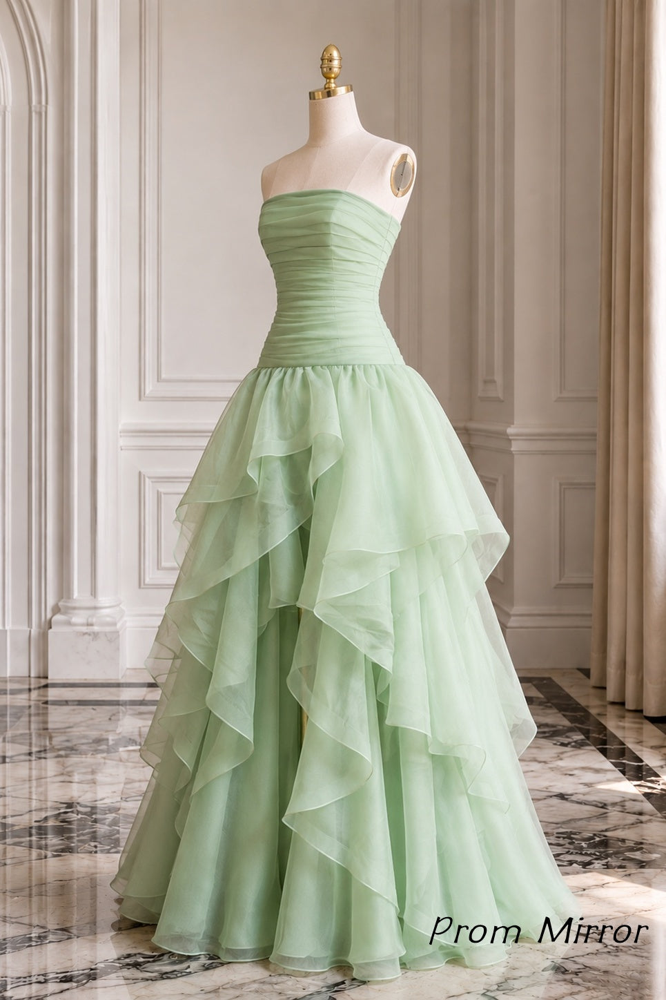 Pastel Green Strapless High Low Ruffle Prom Dress With Layered Organza Skirt