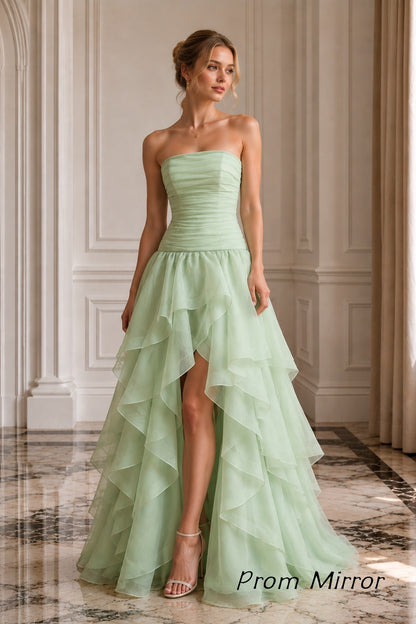 Pastel Green Strapless High Low Ruffle Prom Dress With Layered Organza Skirt