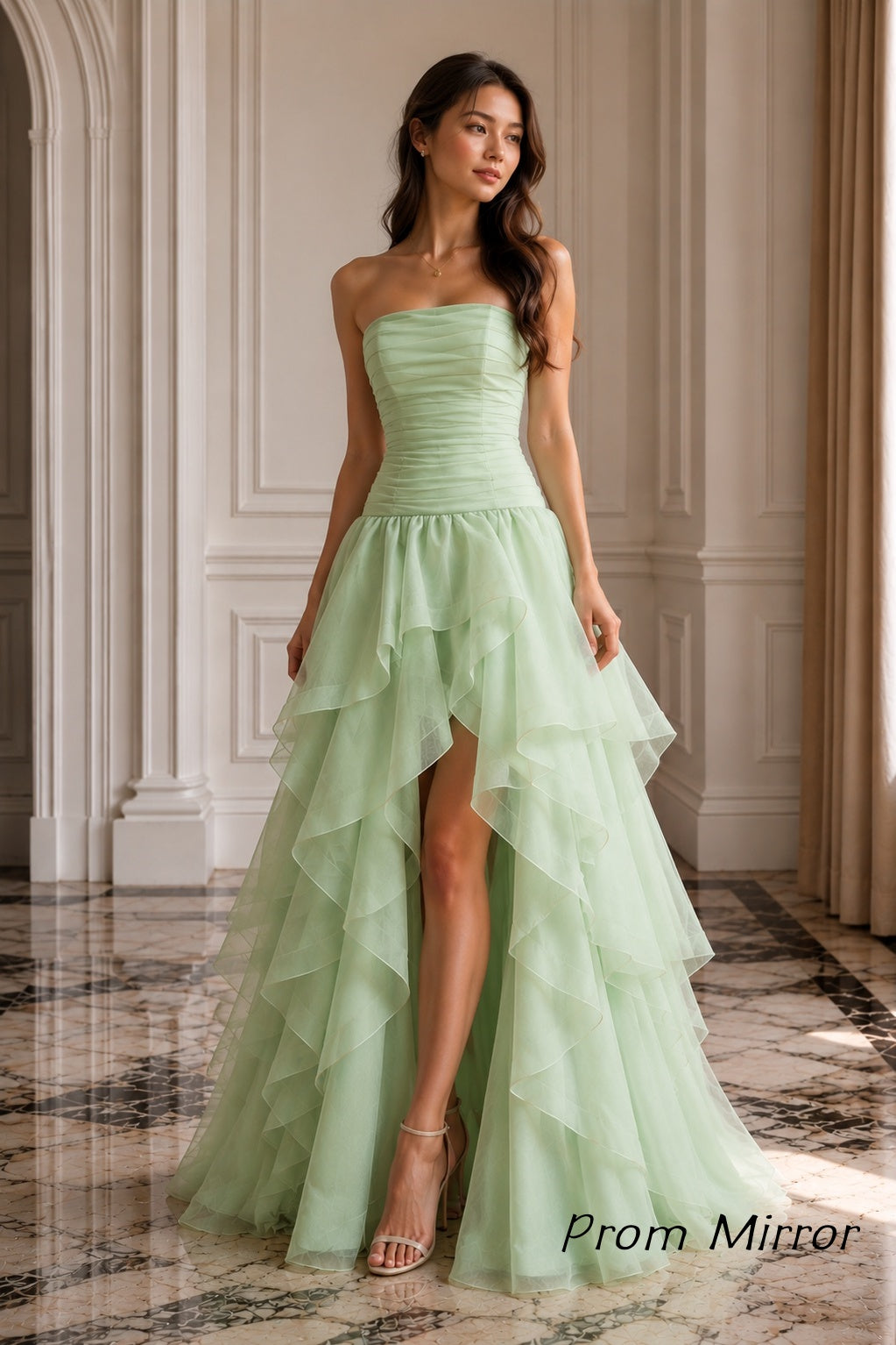 Pastel Green Strapless High Low Ruffle Prom Dress With Layered Organza Skirt