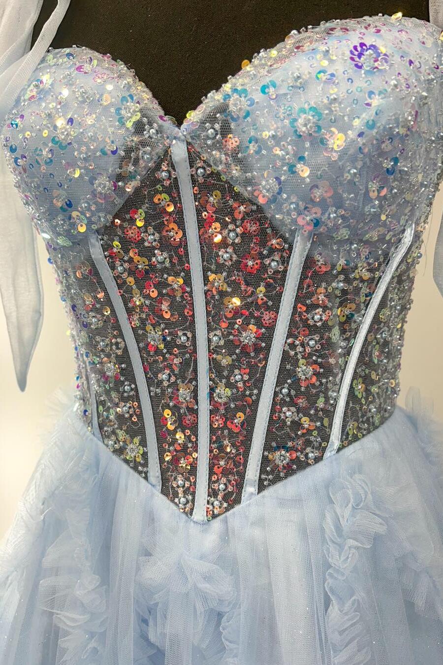 Beaded Sheer Corset Light Blue Formal Dress