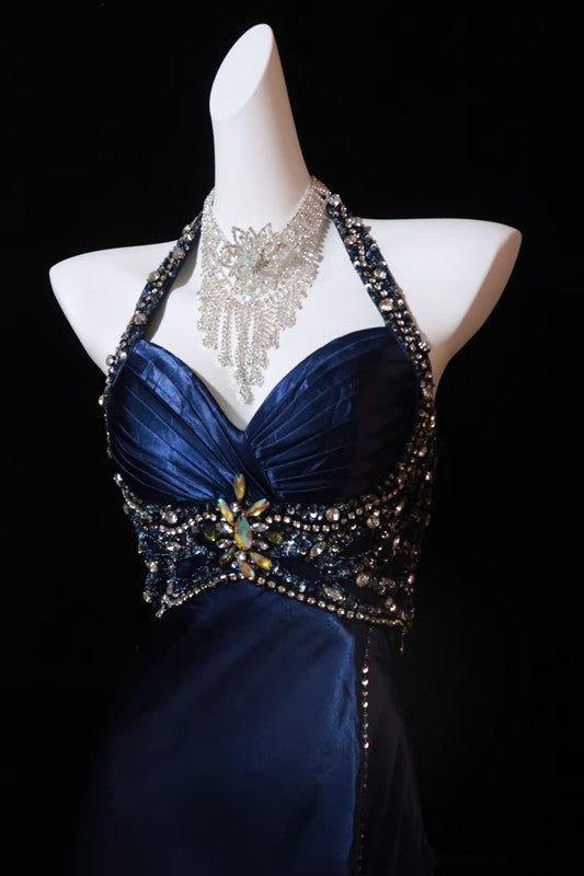 Pretty A Line Halter Sleeveless Navy Blue Slit Beads Long Prom Dress Evening Dresses
