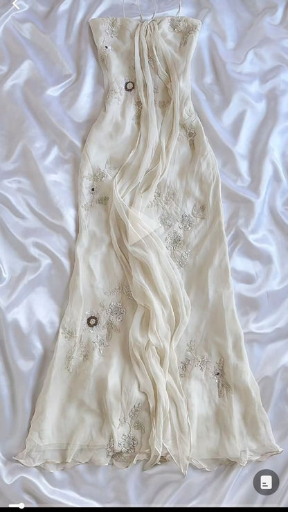 Pretty Sheath Halter Sleeveless Ivory Chiffon Prom Dresses Long Evening Dress