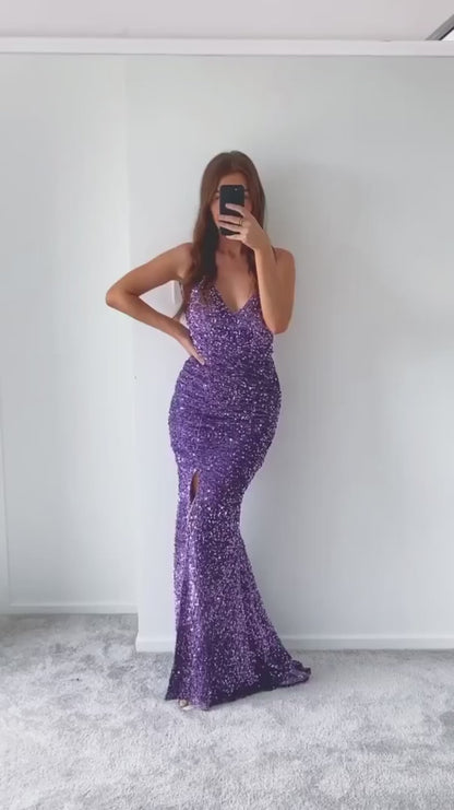 Purple Sequin Bodycon Sheath Long Prom Dresses