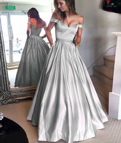 Off The Shoulder A-Line Beaded Satin Long Prom Dresses