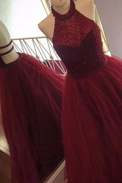 Dark Red Beaded Halter A-Line Prom Dress