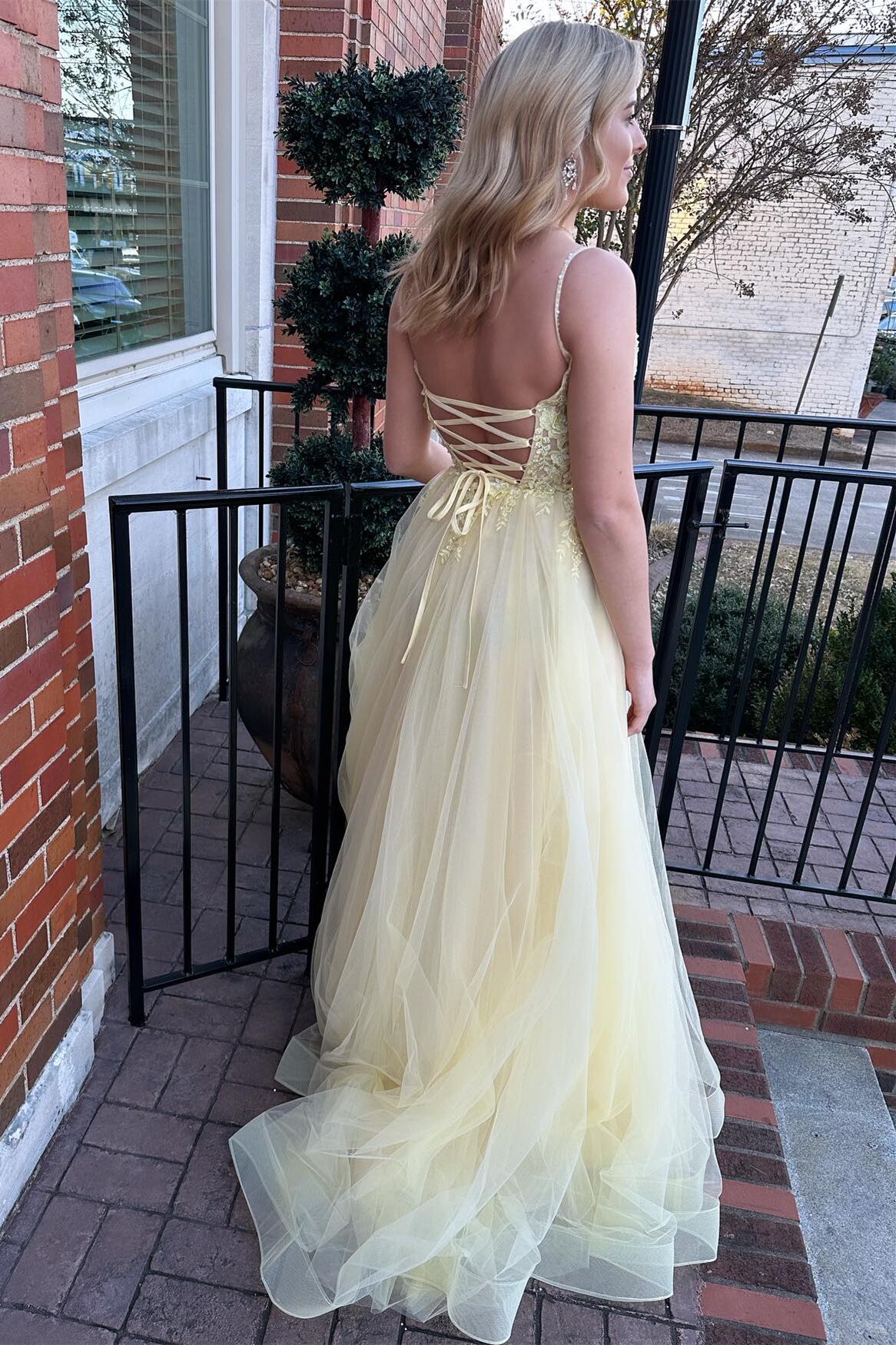 Straps Yellow Lace Appliques A-line Long Formal Dress
