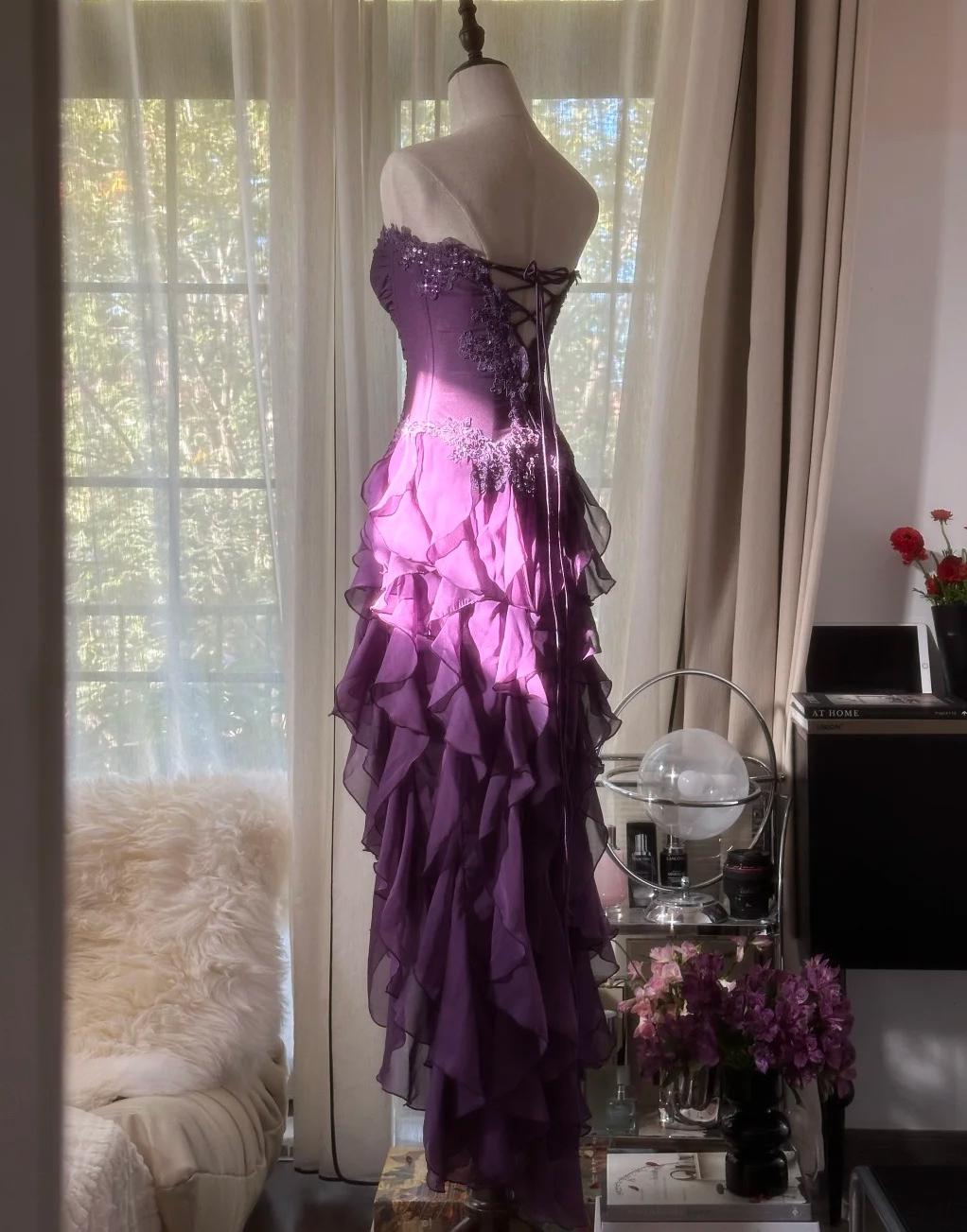 Purple Elegant Strapless Chiffon Applique Long Tiered Prom Dresses Backless Party Dresses