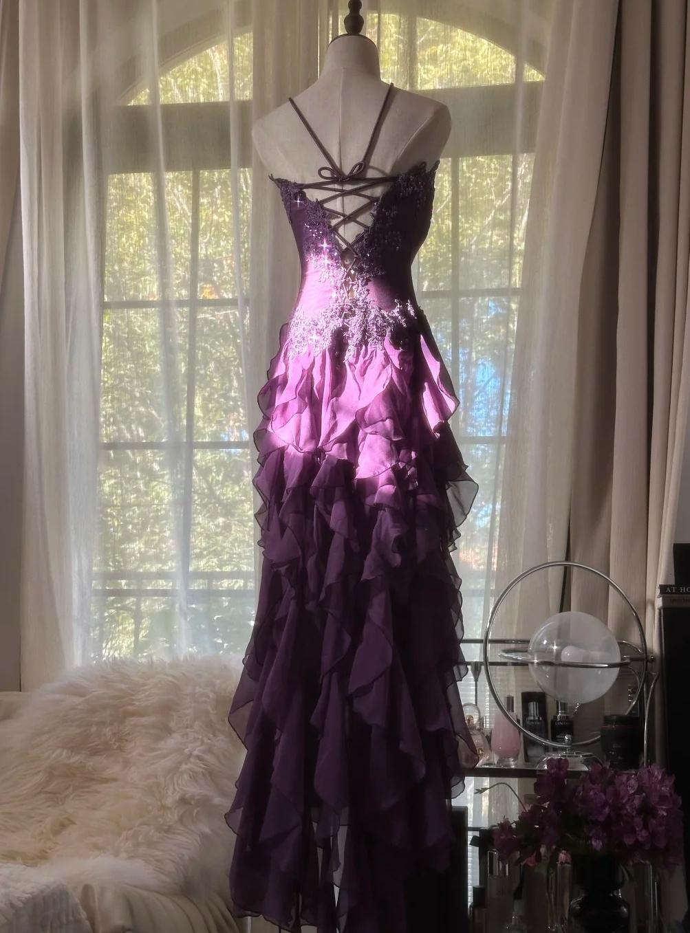 Purple Elegant Strapless Chiffon Applique Long Tiered Prom Dresses Backless Party Dresses
