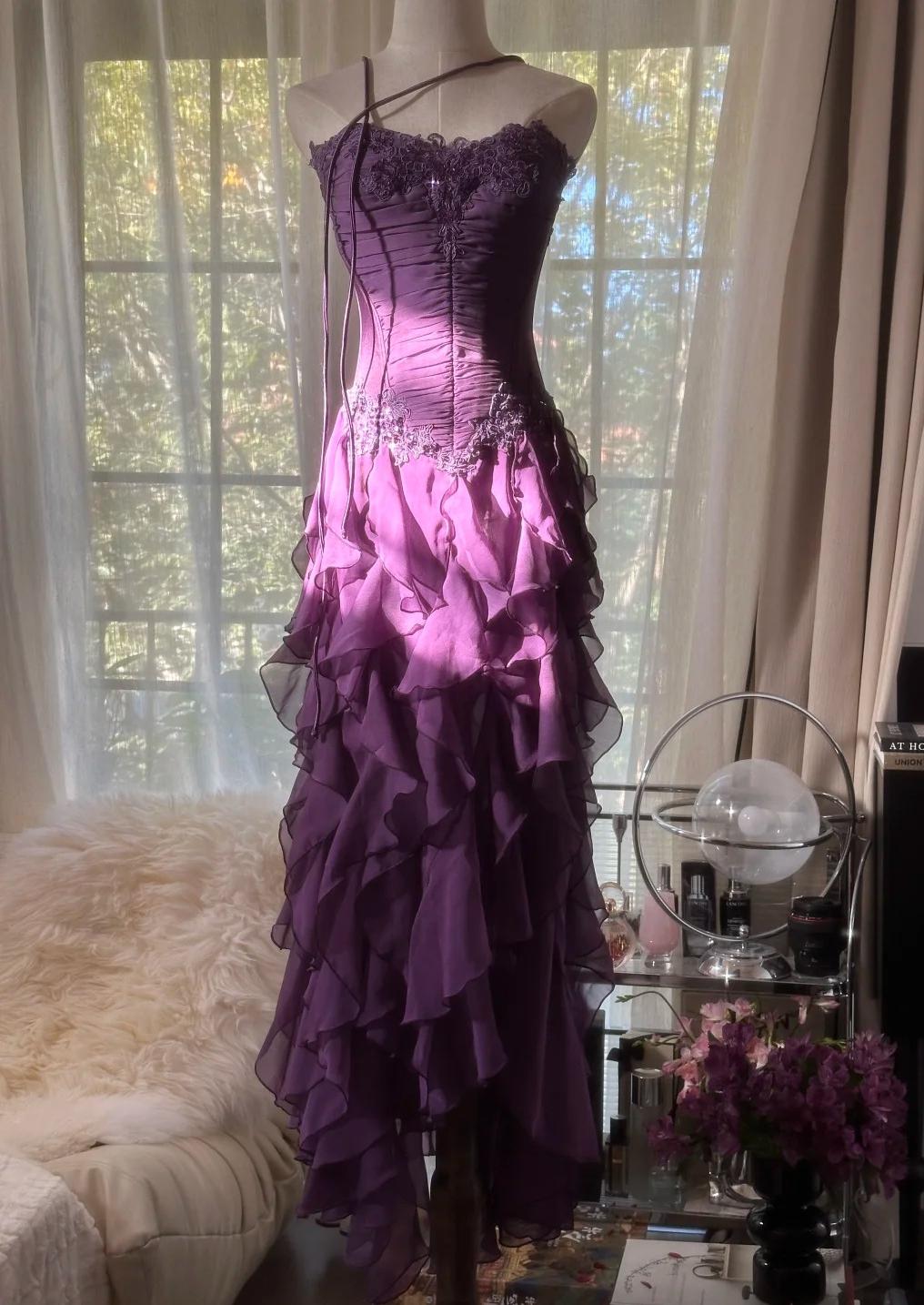 Purple Elegant Strapless Chiffon Applique Long Tiered Prom Dresses Backless Party Dresses