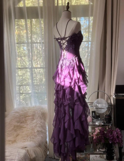 Purple Elegant Strapless Chiffon Applique Long Tiered Prom Dresses Backless Party Dresses