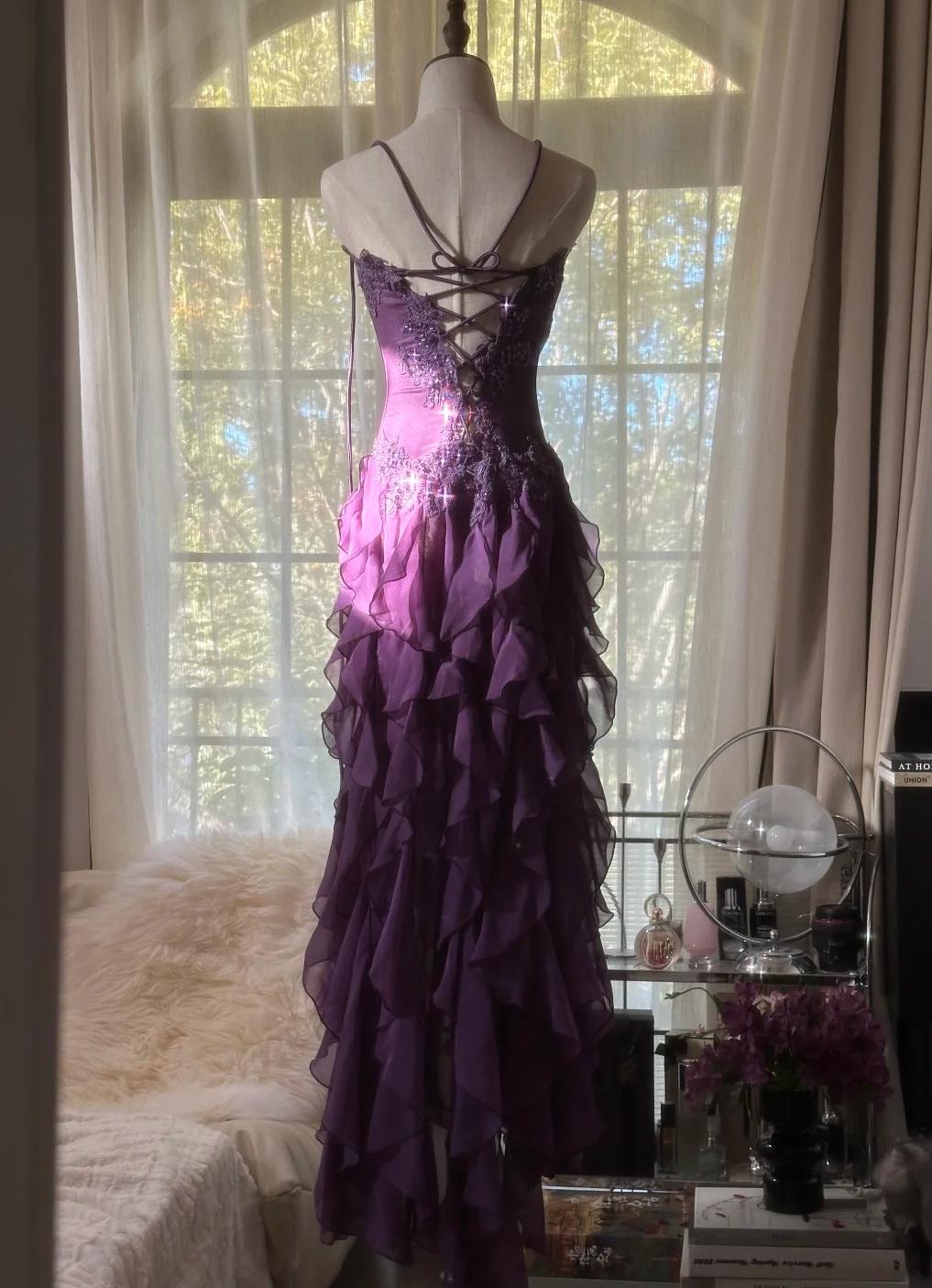 Purple Elegant Strapless Chiffon Applique Long Tiered Prom Dresses Backless Party Dresses