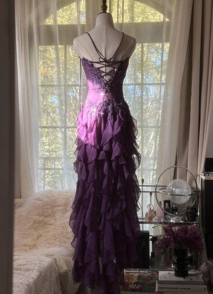 Purple Elegant Strapless Chiffon Applique Long Tiered Prom Dresses Backless Party Dresses