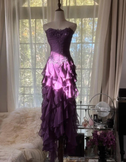 Purple Elegant Strapless Chiffon Applique Long Tiered Prom Dresses Backless Party Dresses