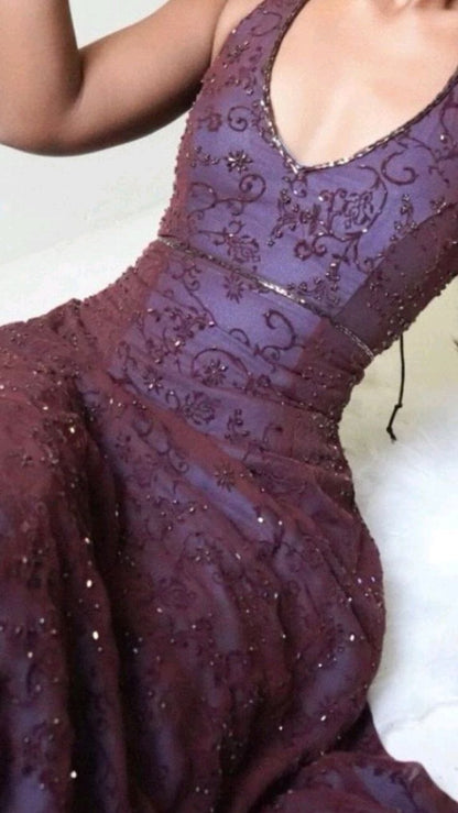 Purple Lace Halter Prom Dresses Long Evening Party Dress,