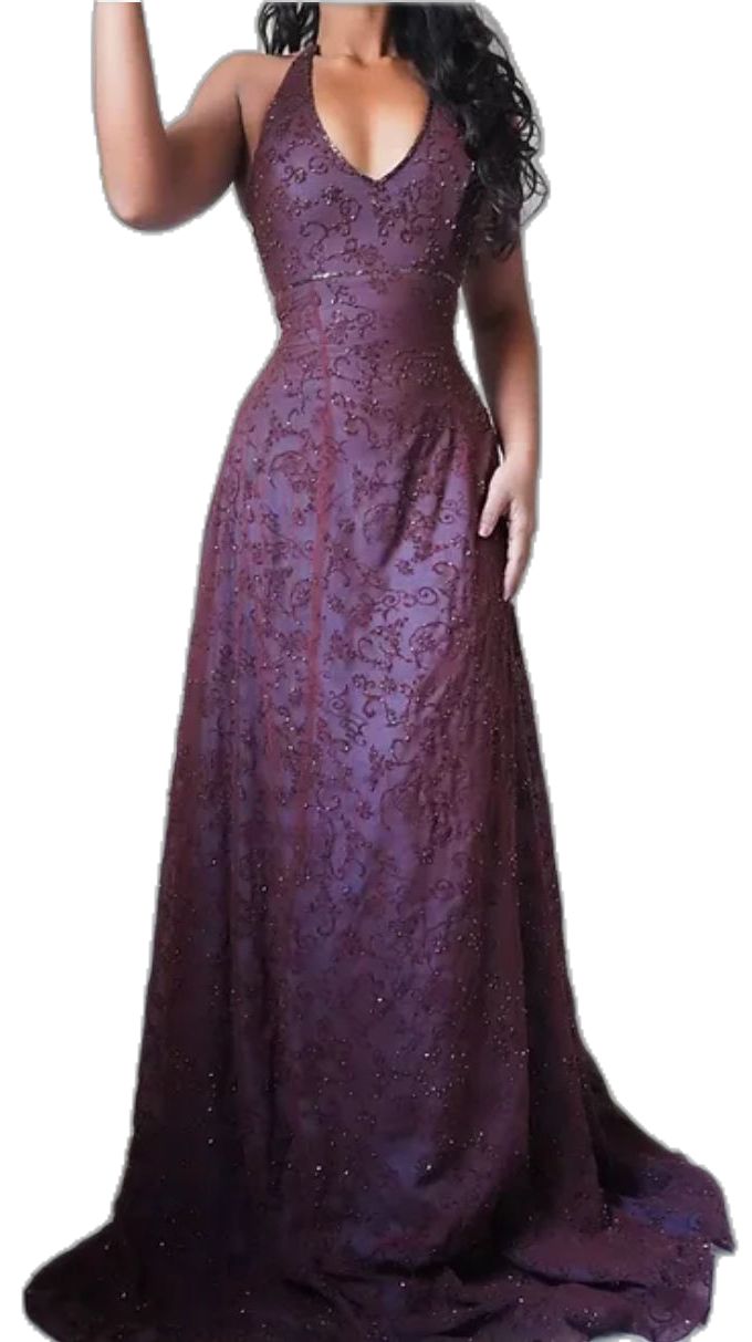 Purple Lace Halter Prom Dresses Long Evening Party Dress,