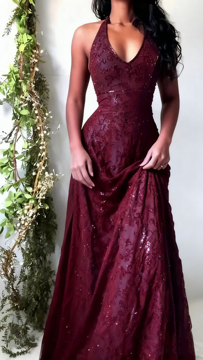 Purple Lace Halter Prom Dresses Long Evening Party Dress,