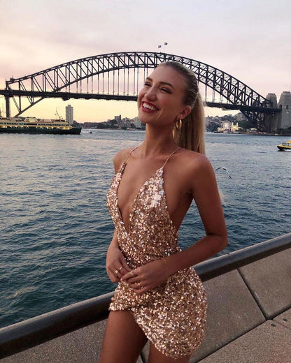PM507,Sexy Sequined Homecoming Dresses, Champagne Gold Sequin Sparkly Mini Prom Dress, Short Cocktail Dresses