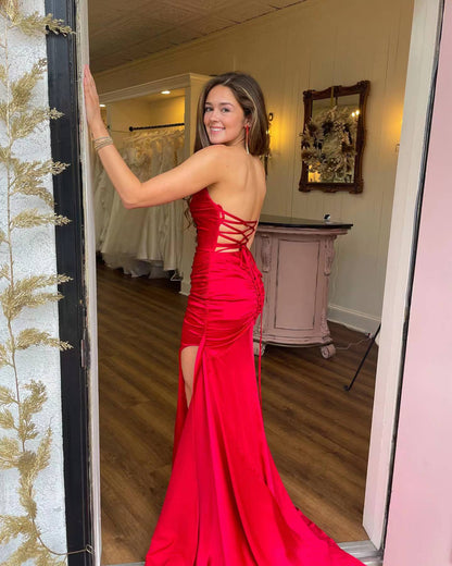 Ruched Teal Blue Satin Mermaid Prom Dress