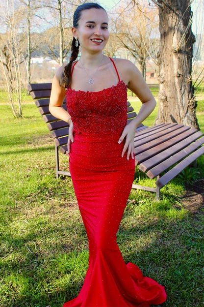 Dark Green Appliques Beaded Mermaid Long Formal Dress