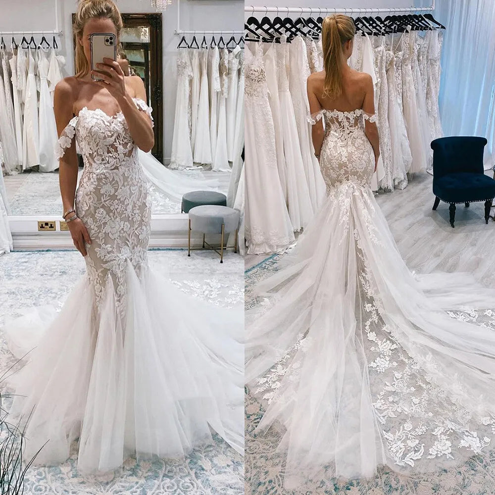 Off The Shoulder White Floral Lace Mermaid Wedding Dresses