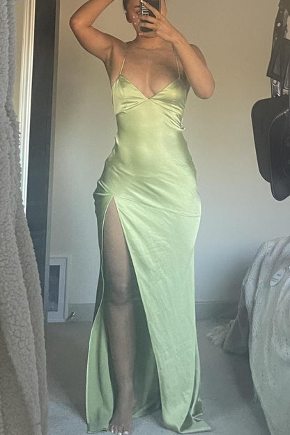Sexy Straps Green Soft Satin Long Dress