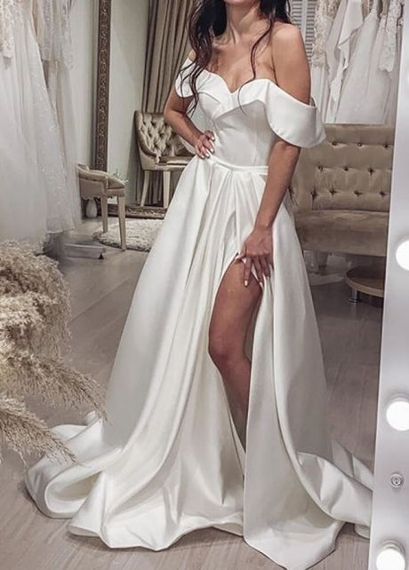 PM562,Off The Shoulder A-Line Split Satin Long Prom Dresses, Wedding Gown