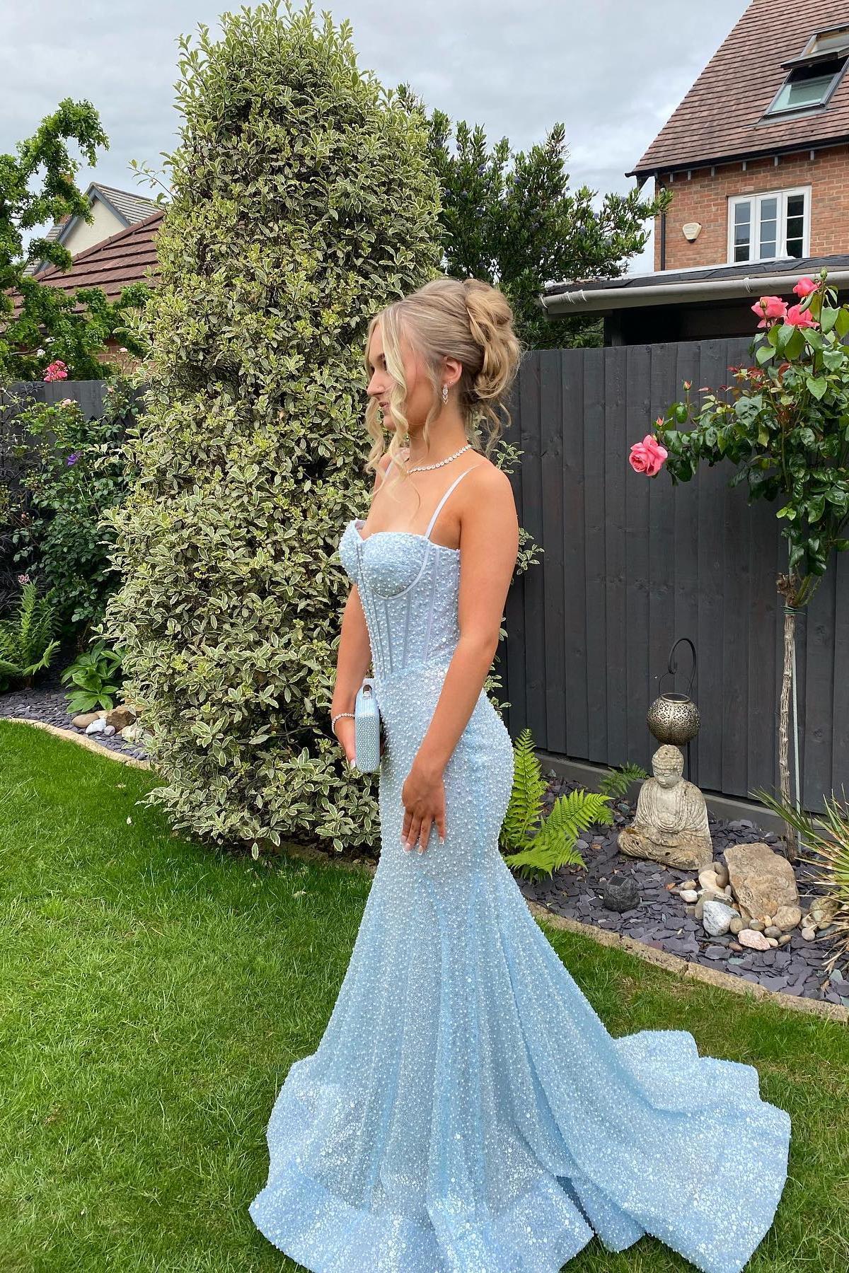Tiffany Blue Sequin Mermaid Long Party Dress