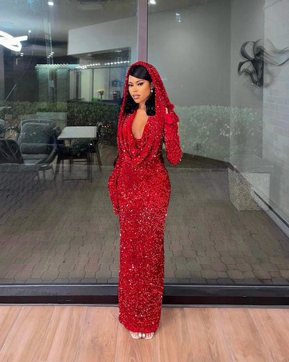 Sexy Mermaid Halter Red Sequin Long Prom Dress With Gloves