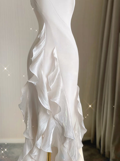 Sexy Mermaid Scoop Satin Night Party Dress White Long Prom Dresses