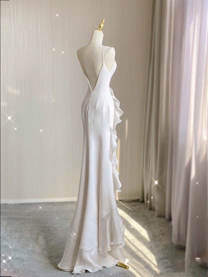 Sexy Mermaid Scoop Satin Night Party Dress White Long Prom Dresses