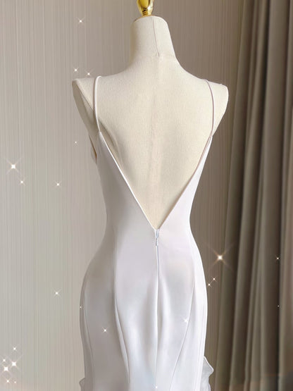 Sexy Mermaid Scoop Satin Night Party Dress White Long Prom Dresses