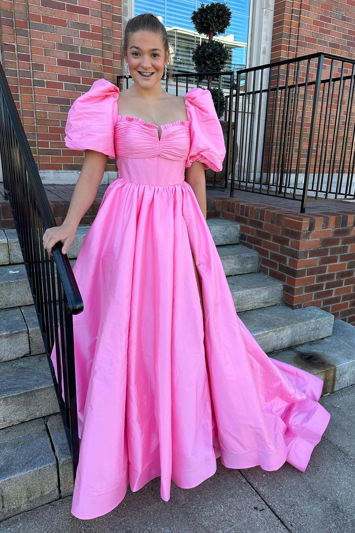 Short Puff Sleeves Pink A-line Princess Dress