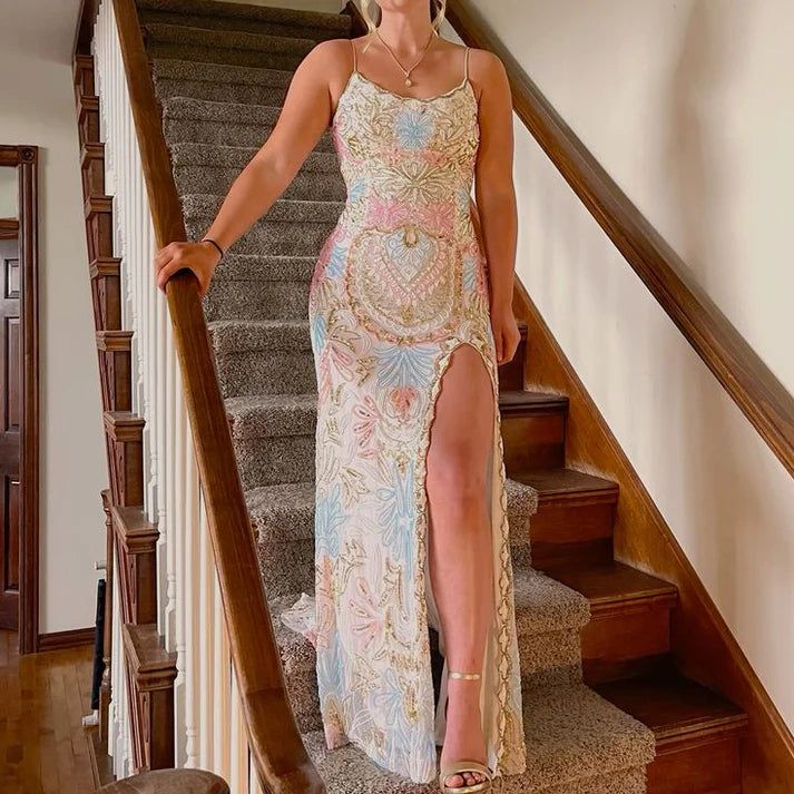 White Gorgeous Shiny Exquisite Beaded Spaghetti Strap Sequined Backless Long Chiffon Ball Gown Prom Dress Evening Gown Holiday Party Dress