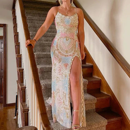 White Gorgeous Shiny Exquisite Beaded Spaghetti Strap Sequined Backless Long Chiffon Ball Gown Prom Dress Evening Gown Holiday Party Dress