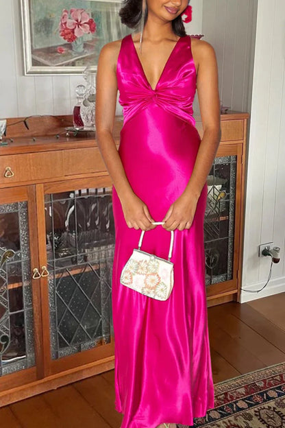 Halter V-Neck Prom Dresses Pleated Satin Sleeveless Long Prom Party Dress