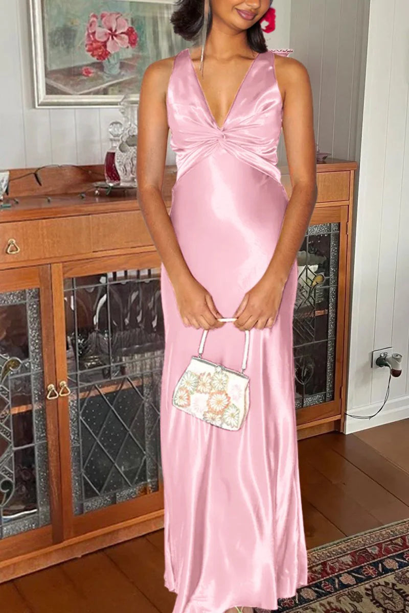 Halter V-Neck Prom Dresses Pleated Satin Sleeveless Long Prom Party Dress