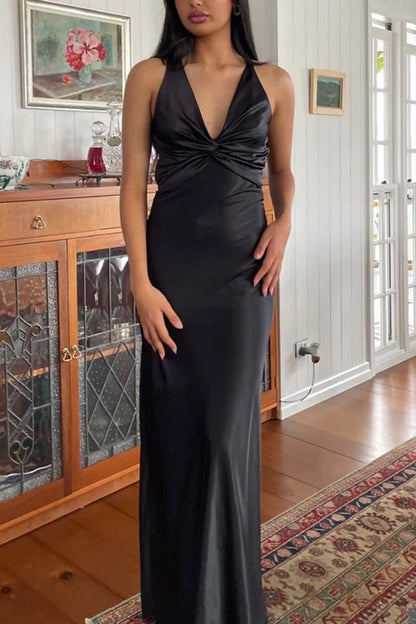 Halter V-Neck Prom Dresses Pleated Satin Sleeveless Long Prom Party Dress