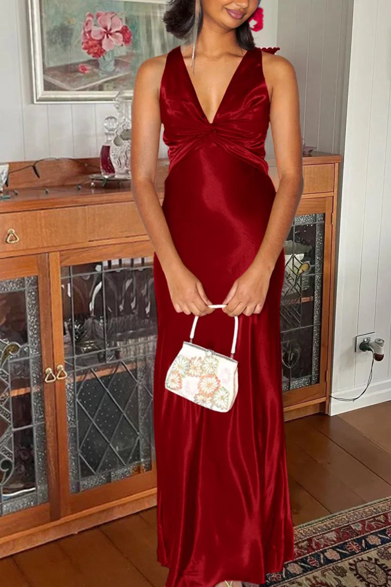 Halter V-Neck Prom Dresses Pleated Satin Sleeveless Long Prom Party Dress