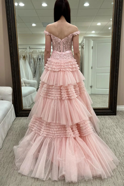 Princess Off The Shoulder Pink Layers Tulle Prom Dress Long Evening Formal Gown