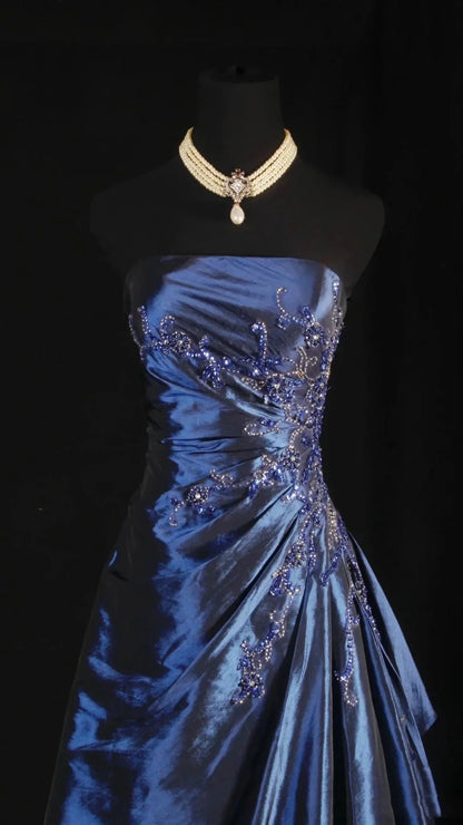Stunning Blue Strapless Beaded Long Prom Dresses Evening Formal Dress