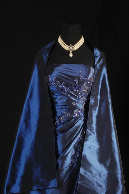 Stunning Blue Strapless Beaded Long Prom Dresses Evening Formal Dress
