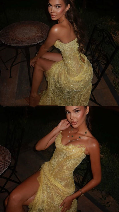 Unique Mermaid Sweetheart Yellow Lace Slit Prom Dresses Long Party Dress 21St Birthday Outfits Graduation Dress