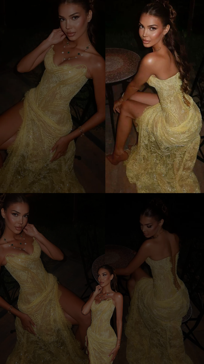 Unique Mermaid Sweetheart Yellow Lace Slit Prom Dresses Long Party Dress 21St Birthday Outfits Graduation Dress