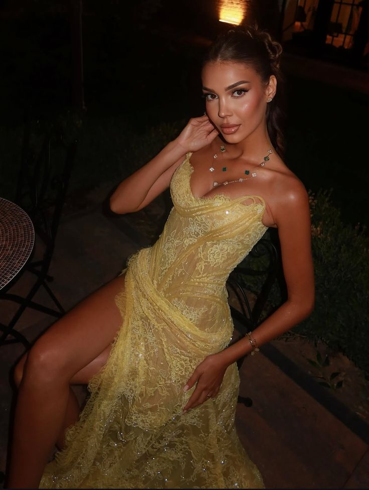 Unique Mermaid Sweetheart Yellow Lace Slit Prom Dresses Long Party Dress 21St Birthday Outfits Graduation Dress